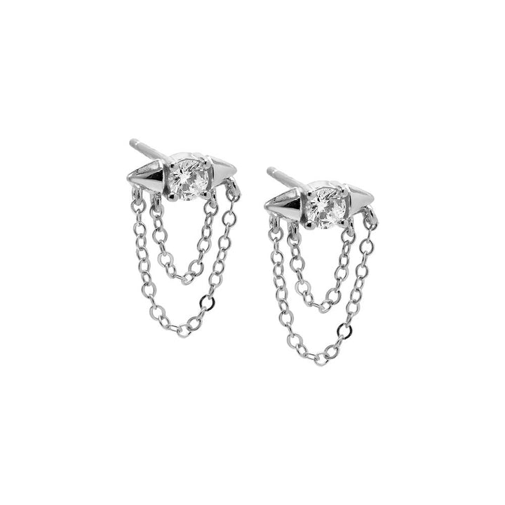 Silver / Pair CZ Double Chain Drop Stud Earring - Adina Eden's Jewels