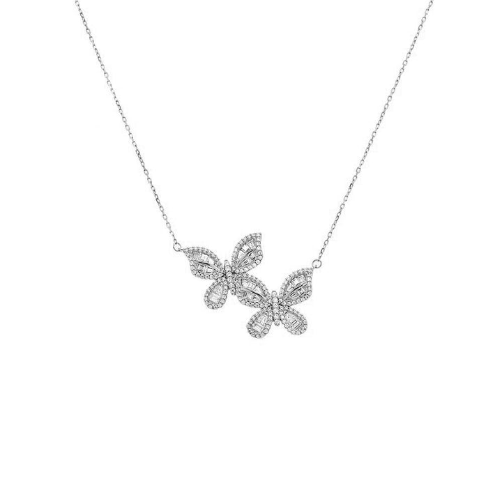 Silver Pave X Baguette Double Butterfly Necklace - Adina Eden's Jewels