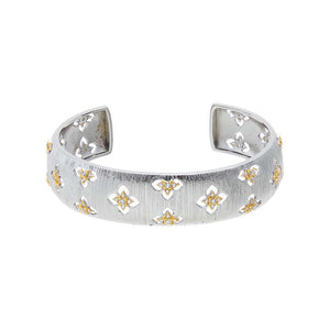Two Tone Clover CZ Wide Textured Bangle