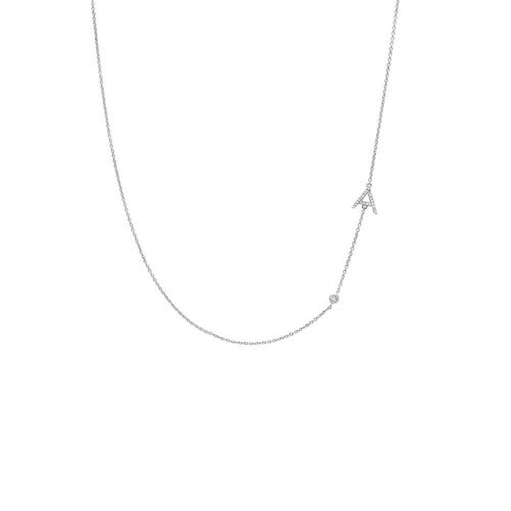 14K White Gold Diamond Asymmetrical Initial and Bezel Necklace 14K - Adina Eden's Jewels