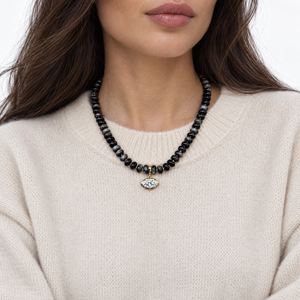 CZ Marquise Silver Obsidian Stone Beaded Charm Necklace - Adina Eden's Jewels