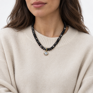 CZ Oval Silver Obsidian Stone Beaded Charm Necklace - Adina Eden's Jewels