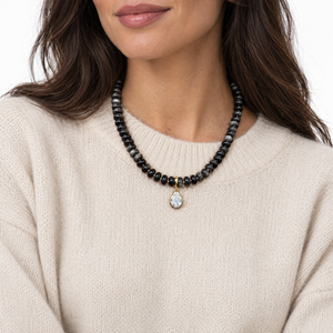 CZ Pear Silver Obsidian Stone Beaded Charm Necklace - Adina Eden's Jewels