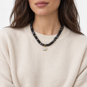 CZ Radiant Silver Obsidian Stone Beaded Charm Necklace - Adina Eden's Jewels