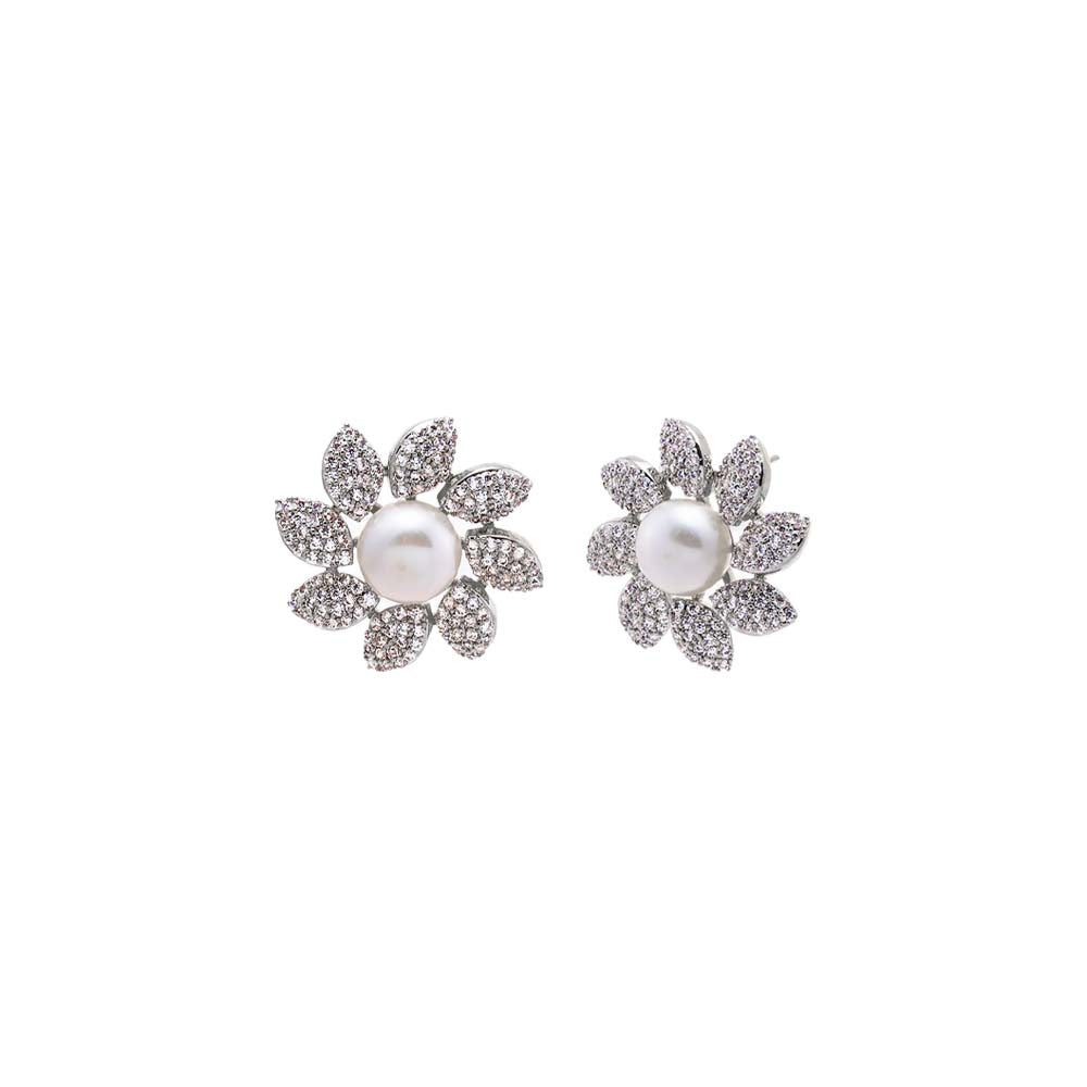 Silver Silver Floral Pearl Stud Earring - Adina Eden's Jewels