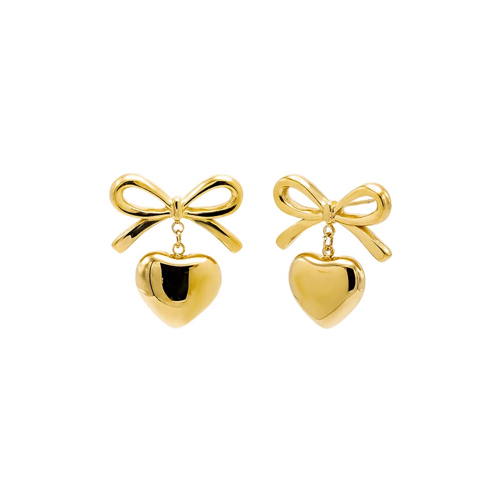 Gold Solid Bow Tie Dangling Heart Stud Earring - Adina Eden's Jewels
