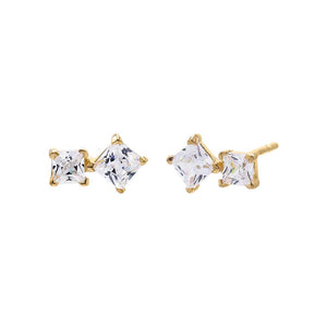 14K Gold / Pair Tiny Double Princess Cut Stud Earring 14K - Adina Eden's Jewels