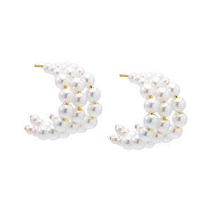 Gold Triple Pearl Open Hoop Stud Earring - Adina Eden's Jewels