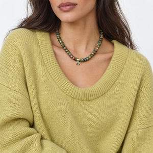 Unakite Natural Beaded Stone CZ Assher Bezel Drop Charm Necklace - Adina Eden's Jewels