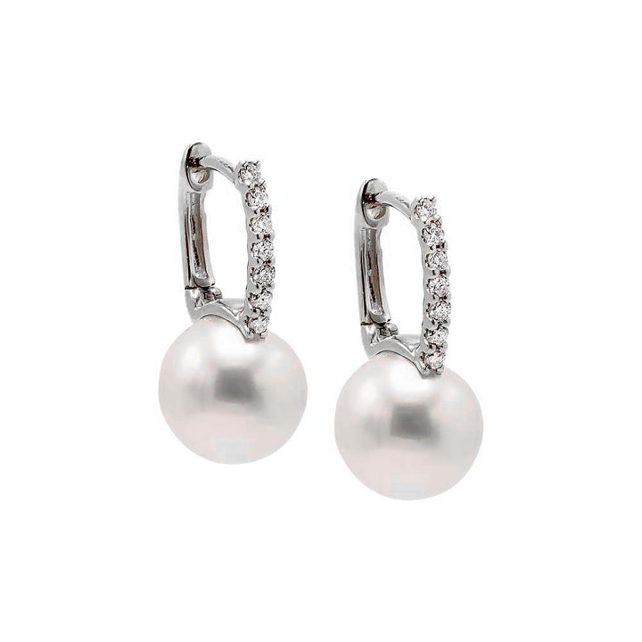 14K White Gold Diamond Oval Shape Pearl Huggie Earring 14K - Adina Eden's Jewels