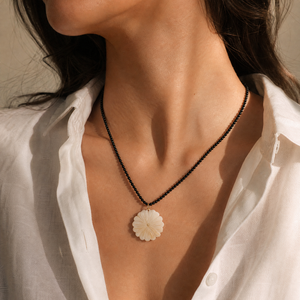 White MOP Blossom/Onyx Beaded Pendant Necklace