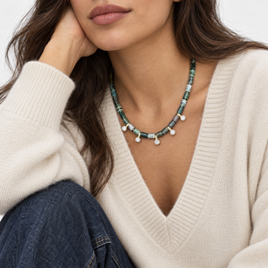 Indian Agate Cylinder Beaded Multi Charm Necklace - Adina Eden's Jewels