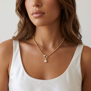 CZ Pear Carabiner Clasp Drop Pendant Ball Chain Necklace - Adina Eden's Jewels