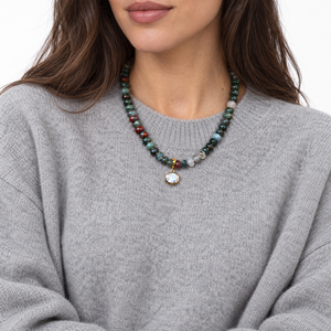 CZ Oval BloodStone Beaded Charm Necklace - Adina Eden's Jewels