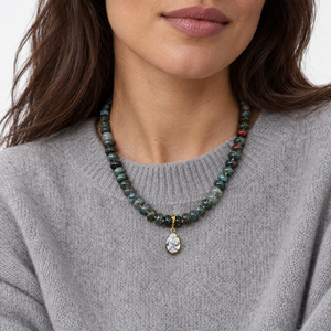 CZ Pear BloodStone Beaded Charm Necklace - Adina Eden's Jewels