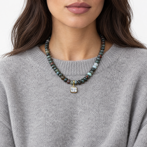 CZ Radiant BloodStone Beaded Charm Necklace - Adina Eden's Jewels