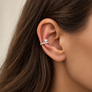 Lab Grown Diamond Emerald/Round Bezel Accent Ear Cuff 14K - Adina Eden's Jewels