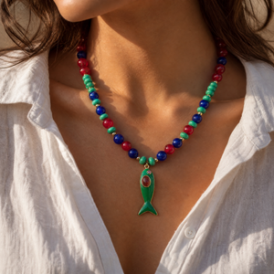 Red, Green & Blue Beaded Fish Pendant Necklace - Adina Eden's Jewels