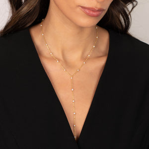 CZ Teardrop Bezel Pearl Lariat Necklace