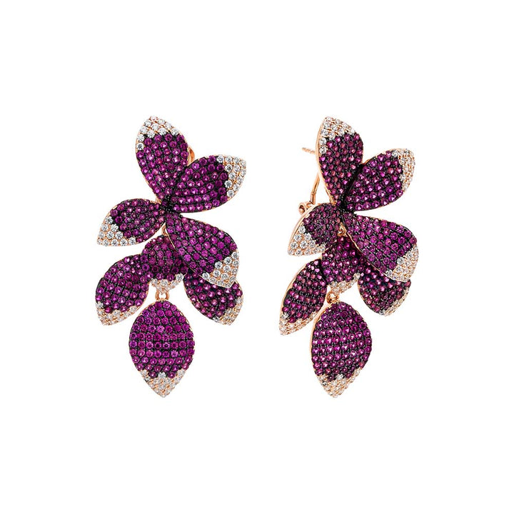 Magenta Colored Pavé Fancy Flower Petals Drop Stud Earring - Adina Eden's Jewels