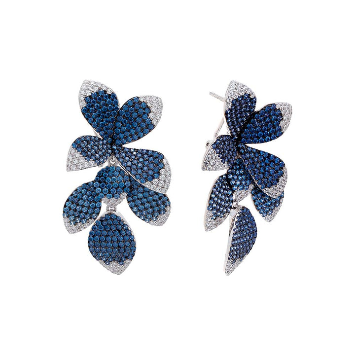 Blue Colored Pavé Fancy Flower Petals Drop Stud Earring - Adina Eden's Jewels
