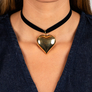  Large Puffy Chunky Heart Necklace Black Velvet Choker - Adina Eden's Jewels