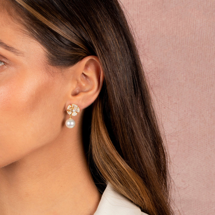  Pave Dangling Flower Pearl Stud Earring - Adina Eden's Jewels