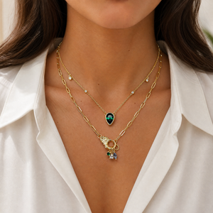 Emerald Green Pear Charmed Chain Necklace - Adina Eden's Jewels
