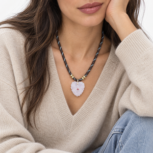 Rose Quartz Heart Natural Stone Dark Brown Rope Necklace - Adina Eden's Jewels