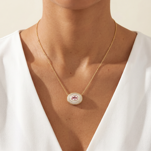 Pave Oval Encased Pink Stone Pendant Necklace - Adina Eden's Jewels