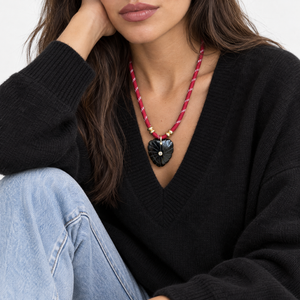 Onyx Heart Natural Stone Burgundy Rope Necklace - Adina Eden's Jewels