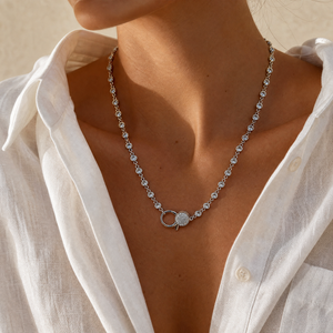 Silver CZ Bezel Pave Lobster Lock Chain Necklace
