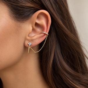 CZ Princess Spike Dangle Chain Stud/Ear Cuff Earring - Adina Eden's Jewels