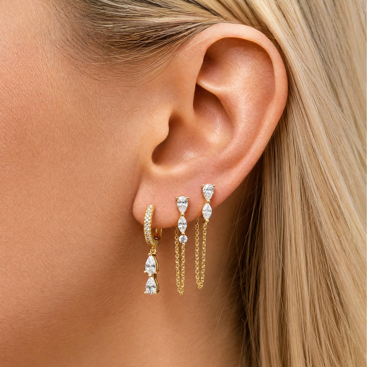 Triple Pear CZ Chain Front Back Stud Earring – Adina Eden