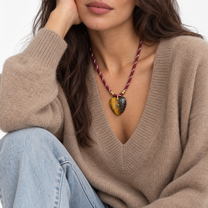 Tiger Eye Heart Natural Stone Burgundy Rope Necklace - Adina Eden's Jewels