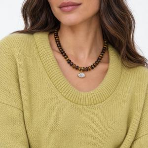 CZ Marquise Tiger Eye Beaded Charm Necklace - Adina Eden's Jewels