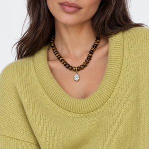 CZ Pear Tiger Eye Beaded Charm Necklace - Adina Eden's Jewels