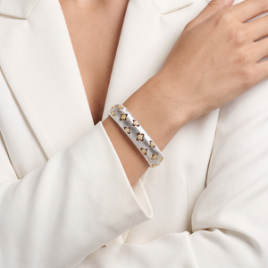 Two Tone Clover CZ Wide Textured Bangle