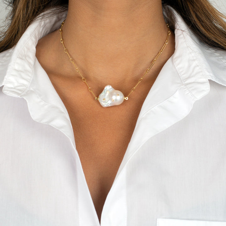  CZ Bezel X Paperclip Pearl Chain Necklace - Adina Eden's Jewels