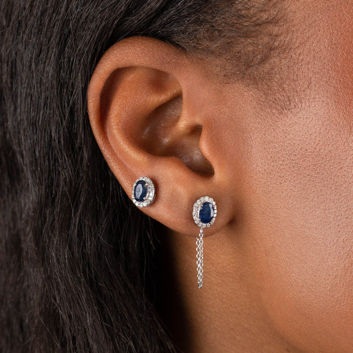  Diamond X Sapphire Oval Chain Stud Earring 14K - Adina Eden's Jewels