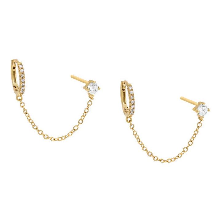 Gold / Pair Colored Solitaire Stud X Huggie Chain Earring - Adina Eden's Jewels
