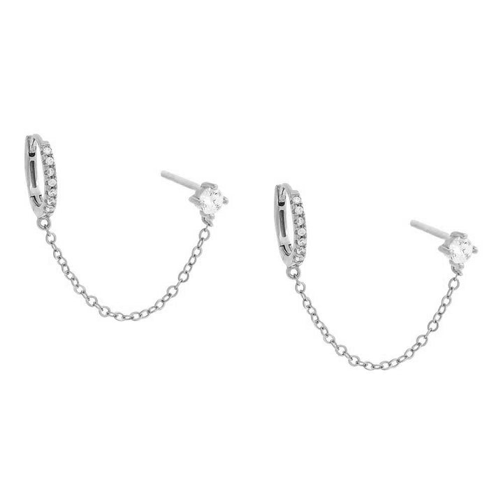 Silver / Pair Colored Solitaire Stud X Huggie Chain Earring - Adina Eden's Jewels