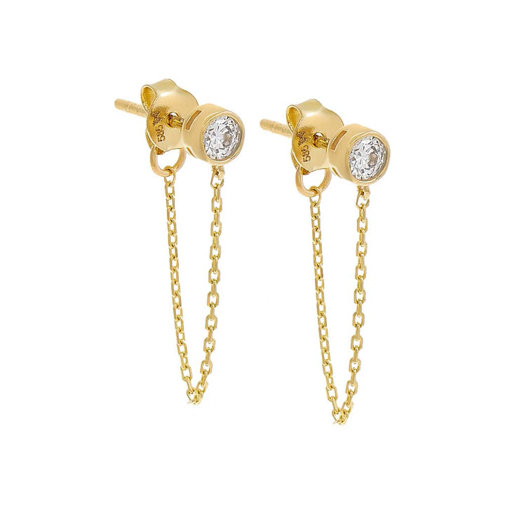 14K Gold / Pair Solitaire Bezel Chain Front Back Stud Earring 14K - Adina Eden's Jewels