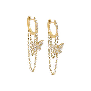 14K Gold / Pair Diamond Pavé Butterfly Chain Drop Huggie Earring 14K - Adina Eden's Jewels