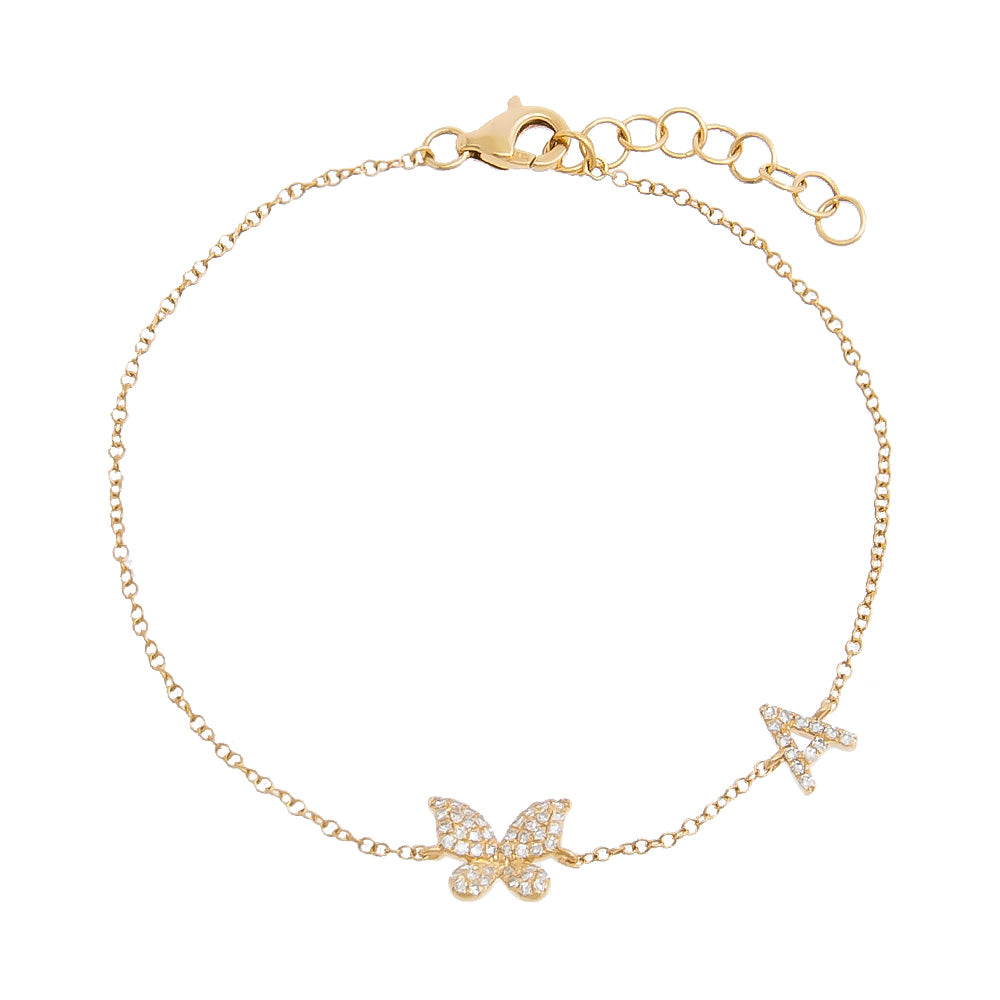 14K Gold / A Diamond Pave Butterfly Initial Bracelet 14K - Adina Eden's Jewels