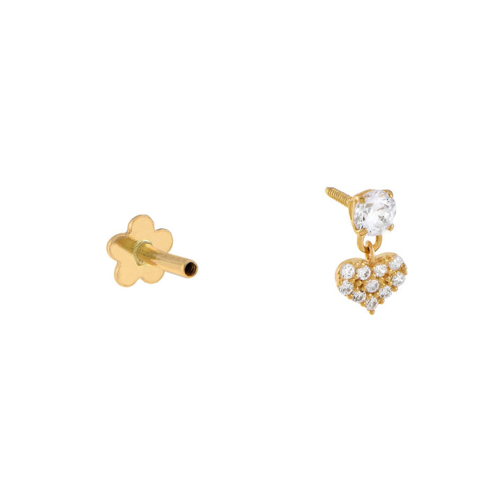  CZ Heart x Solitaire Threaded Stud Earring 14K - Adina Eden's Jewels