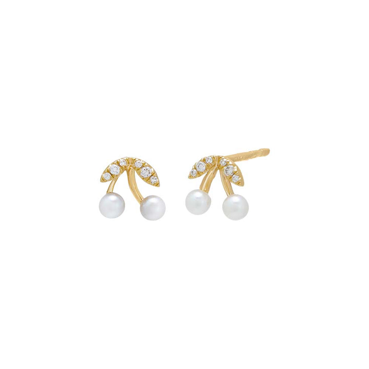 14K Gold / Pair Diamond Itty Bitty Cherry Pearl Stud Earring 14K - Adina Eden's Jewels