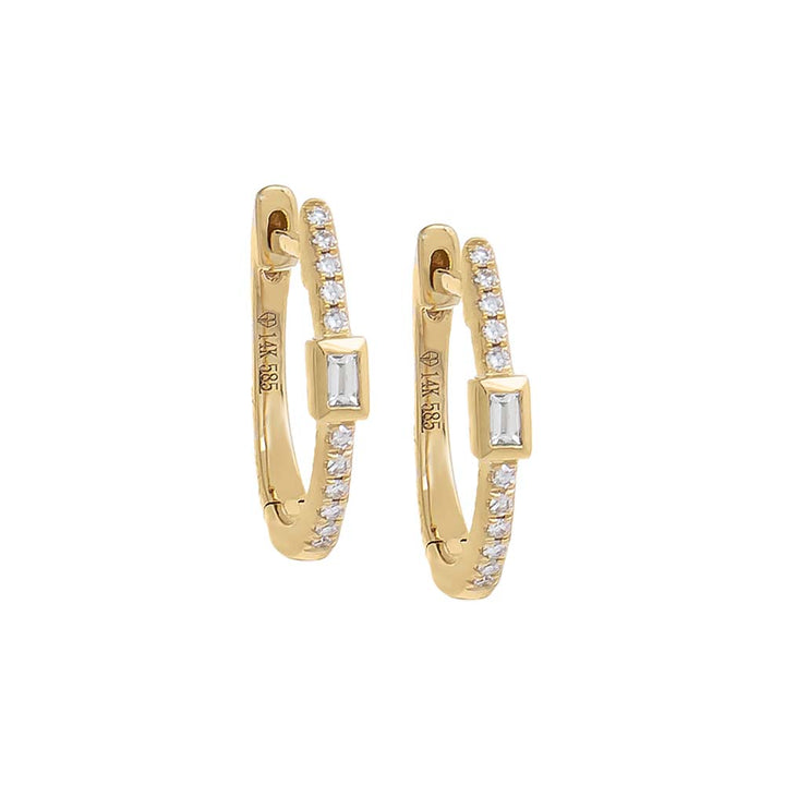 14K Gold / Pair Pavé Diamond & Baguette Bezel Huggie Earring 14K - Adina Eden's Jewels