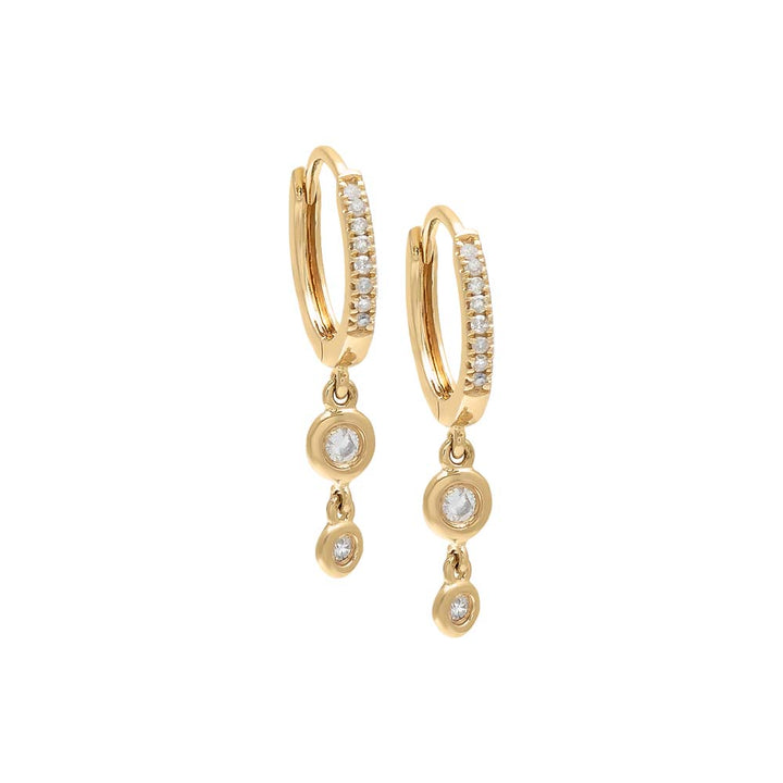 14K Gold / Pair Diamond Double Bezel Drop Huggie Earring 14K - Adina Eden's Jewels
