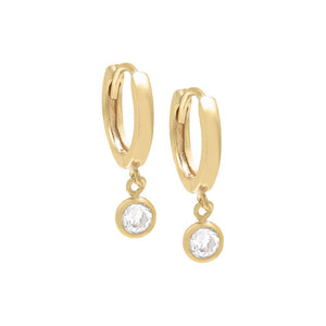 14K Gold / Single Tiny Dangling CZ Bezel Huggie Earring 14K - Adina Eden's Jewels